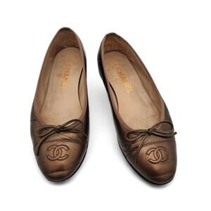 Chanel CC Cap Toe Ballet Flat Slipper Brown Bronze Leather Size 36.5 US 5.5 6